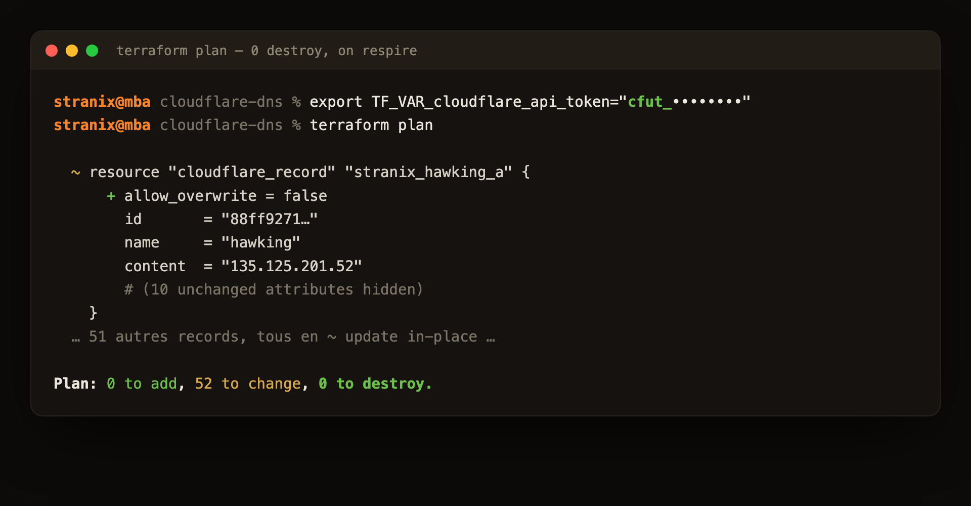 terraform plan : 0 to add, 52 to change, 0 to destroy